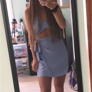 By the way. Light blue cutout wrap front mini dress